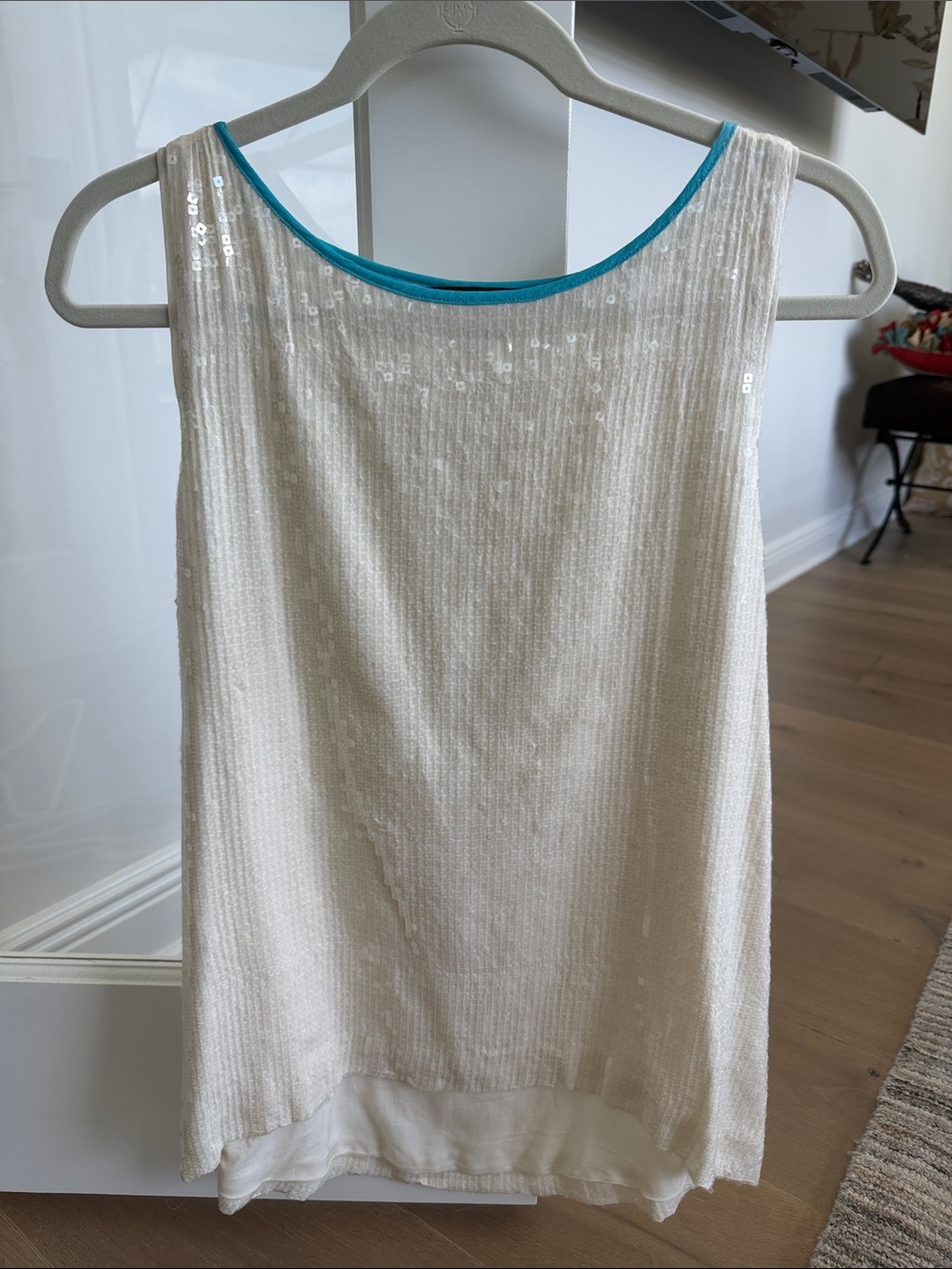 Sleeveless Sequin-Trim Cream Blouse with Teal Trim